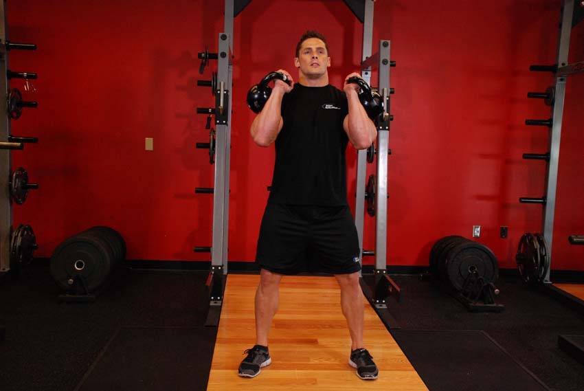 Sentadilla frontal con dos kettlebells, inicio