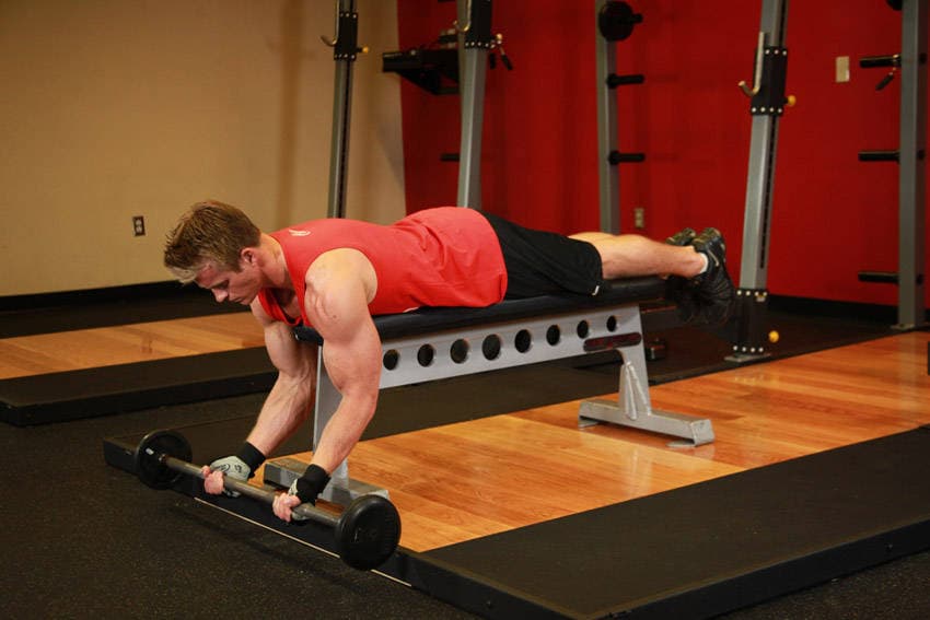 Lying High Bench Barbell Curl, start