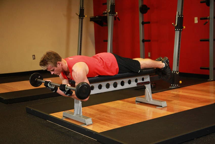 Lying High Bench Barbell Curl, end
