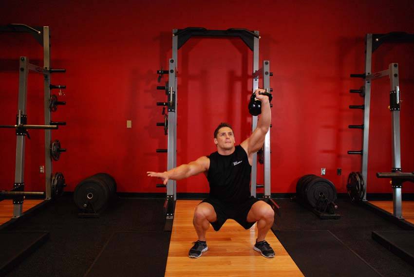 One-Arm Overhead Kettlebell Squats, end
