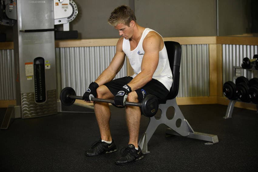 Seated Palms-Down Barbell Wrist Curl, start