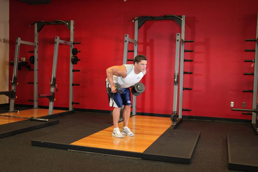 Standing Bent-Over Two-Arm Dumbbell Triceps Extension, start