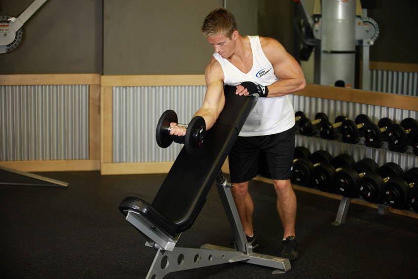 Standing One-Arm Dumbbell Curl Over Incline Bench, start