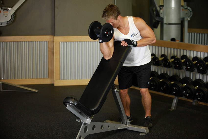 Standing One-Arm Dumbbell Curl Over Incline Bench, end