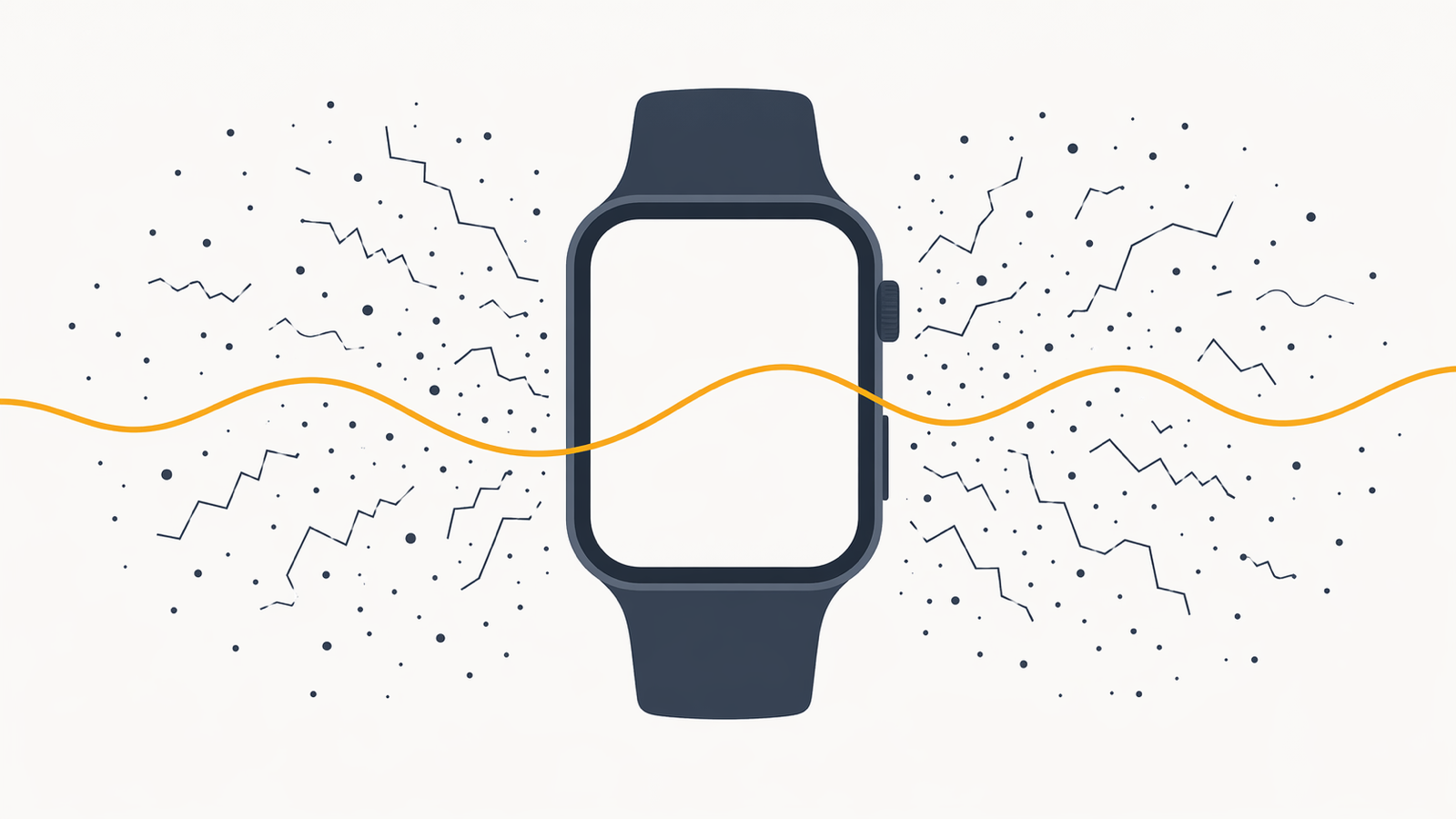 Un smartwatch rodeado de fragmentos abstractos de ruido y una línea ámbar limpia atravesando el caos — la metáfora de ruido frente a señal en la HRV
