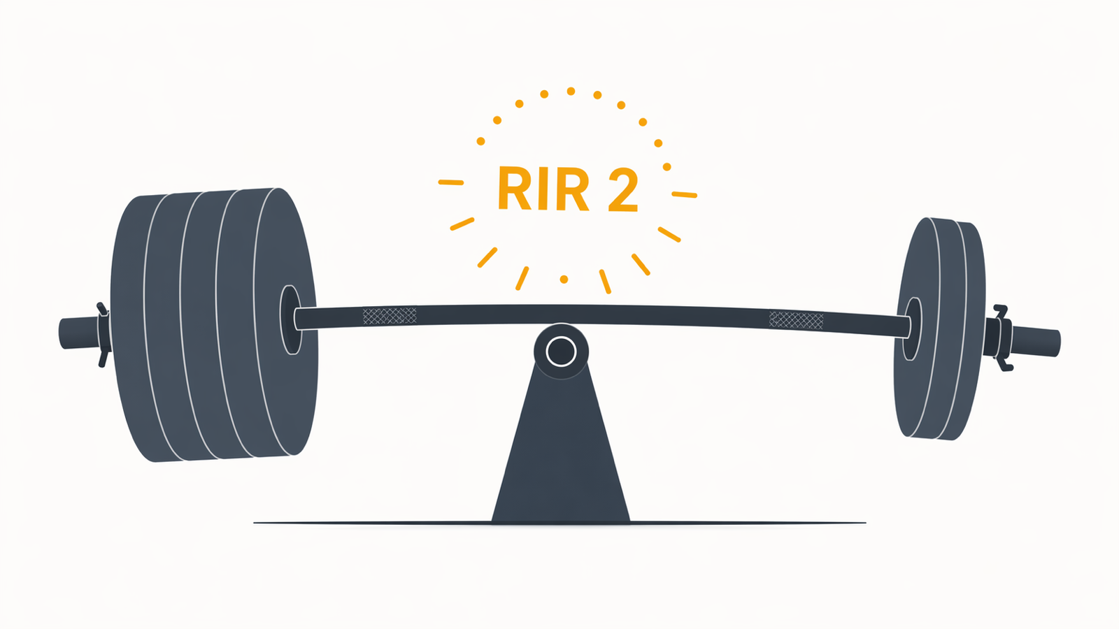 Una barra cargada equilibrándose sobre un pivote como si fuera una balanza, con un marcador ámbar "RIR 2" encima — el peso se adapta a lo que puedes hacer hoy, no al revés