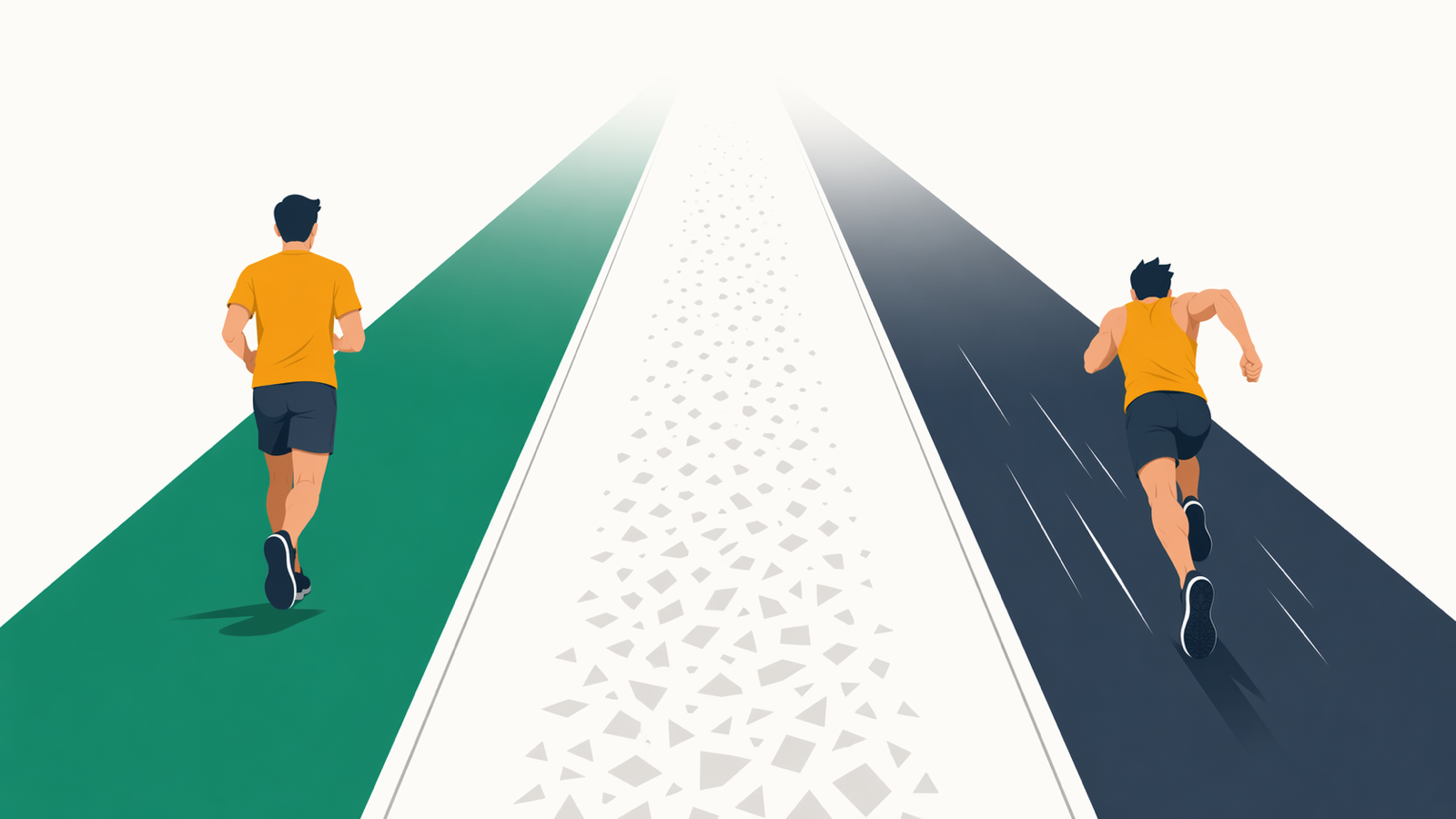 Tres caminos paralelos: a la izquierda un corredor a ritmo fácil sobre un camino verde, a la derecha un corredor intenso sobre un camino oscuro, y un carril del medio deshaciéndose en fragmentos — el modelo polarizado 80/20 como imagen mental
